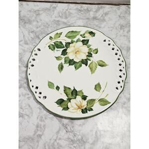 Vtg Italy Brunelli Tiffany Cake Plate Reticulated Lattice Magnolia 12” Gardenia
